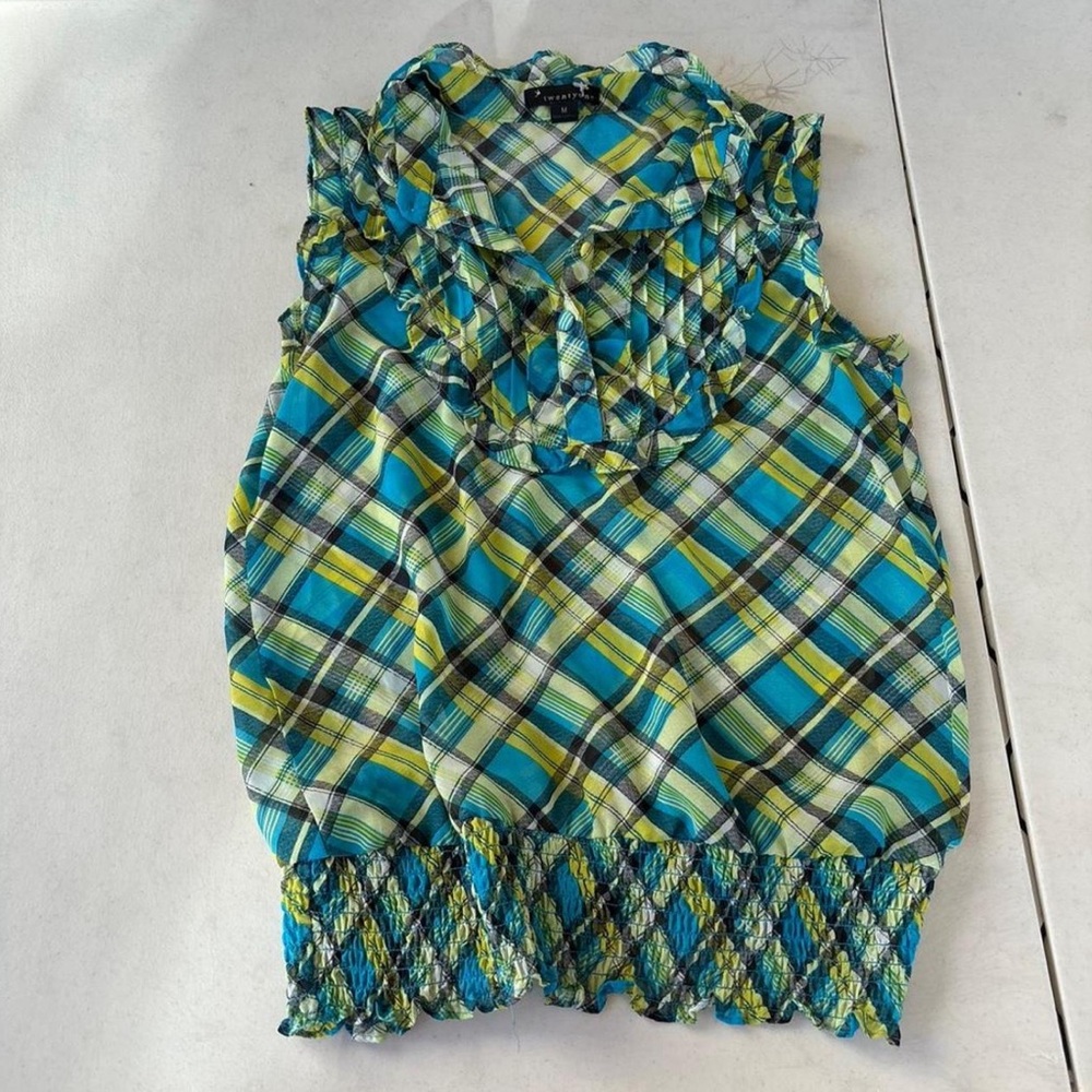 Y2K Forever 21 Blue and Green Plaid Blouse - Picture 3 of 5
